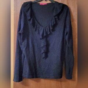 Debbie Morgan Black Ruffled V-Neck Sweater